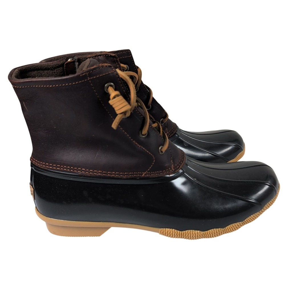 Sperry Womens 12 Saltwater Duck Boots Black Brown Leather Waterproof Side Zip